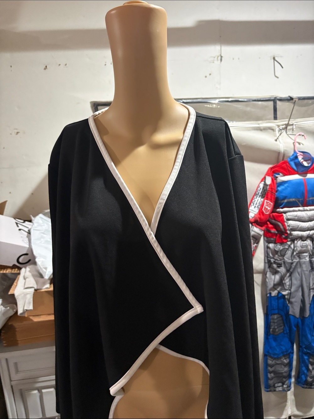 Black Draped Open Front Cardigan with White Trim